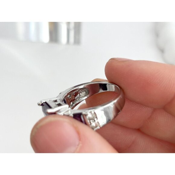 Geometric Amethyst Gemstone Rectangular Cut Sterling Silver Vintage Ring - sz 8 - Picture 8 of 10